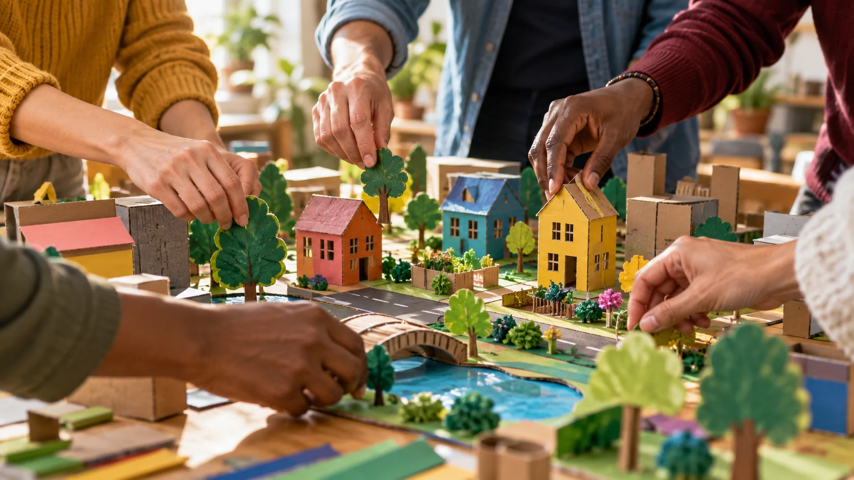 A group works together on a colorful original cardboard neighborhood model.