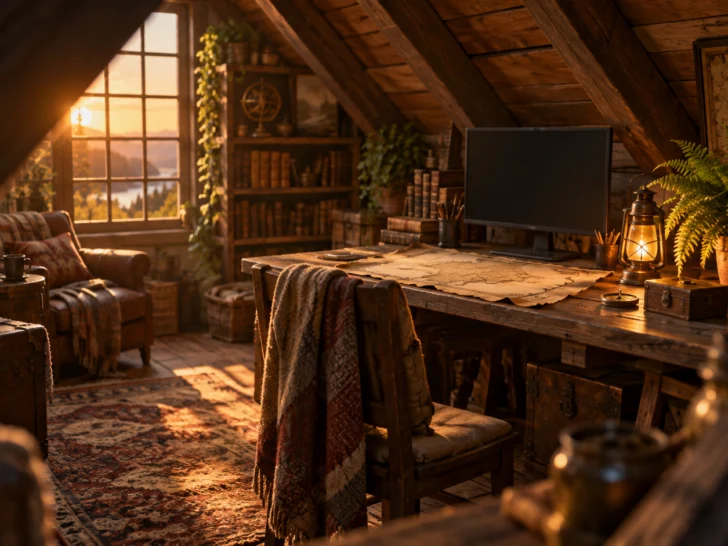 A cozy attic gaming nook features a blank monitor, lantern, fern, and unmarked parchment.