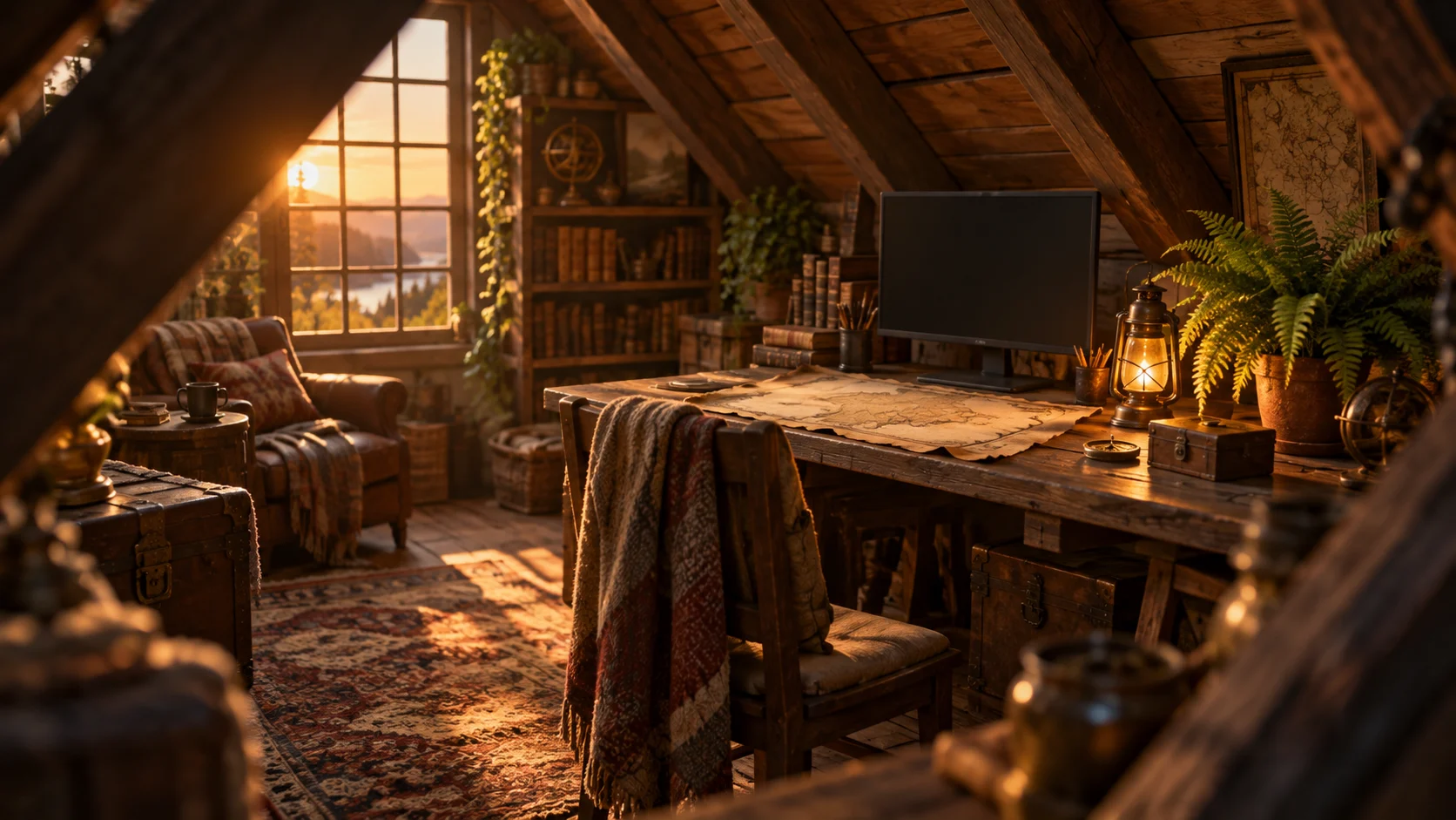 A cozy attic gaming nook features a blank monitor, lantern, fern, and unmarked parchment.