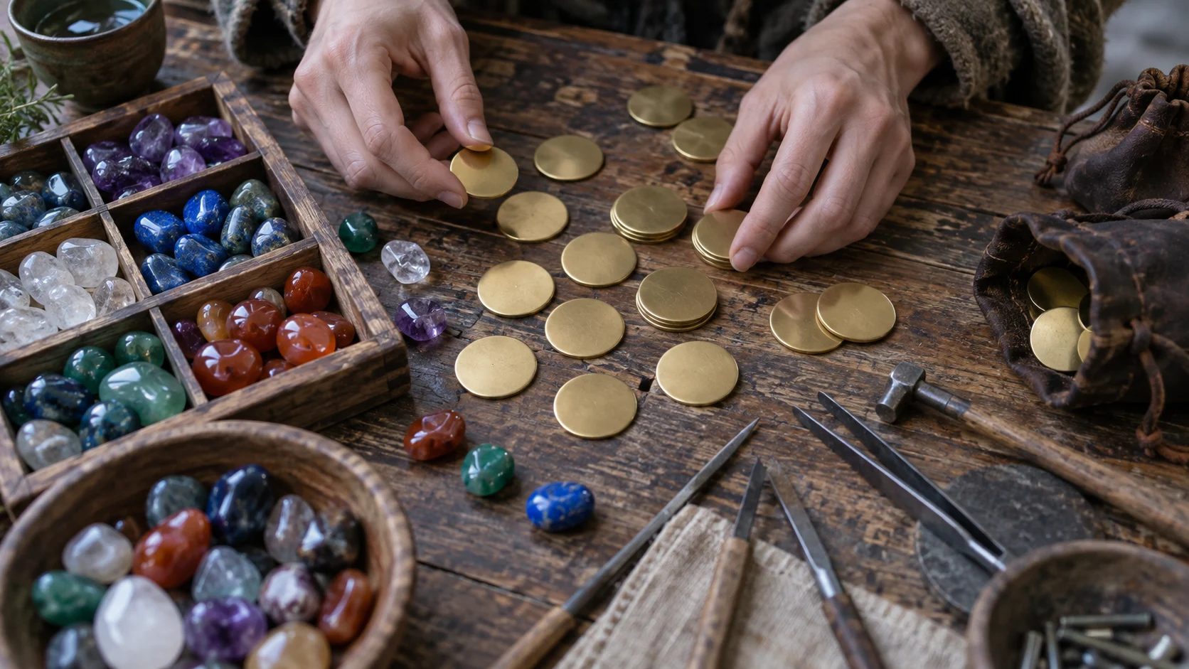 Hands sort unmarked coins, colorful stones, and miniature tools on a wooden table.