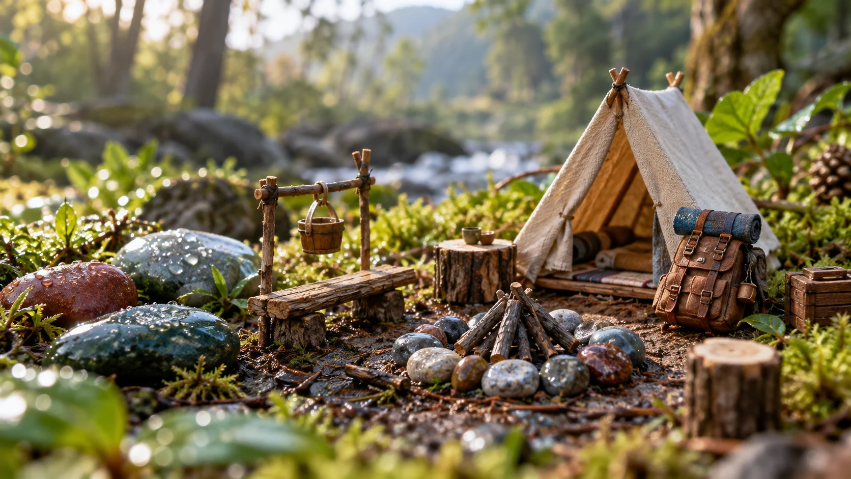 An original miniature adventurer camp sits among dewy forest greenery.