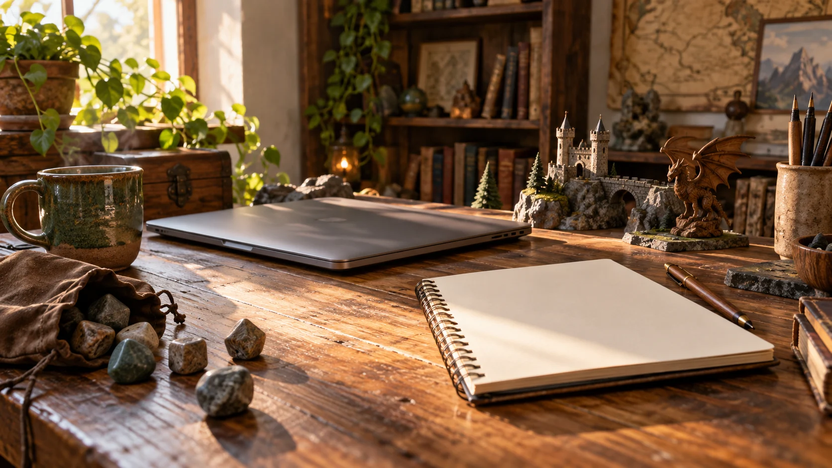 A closed laptop, blank notebook, and handmade fantasy miniatures share a sunlit desk.