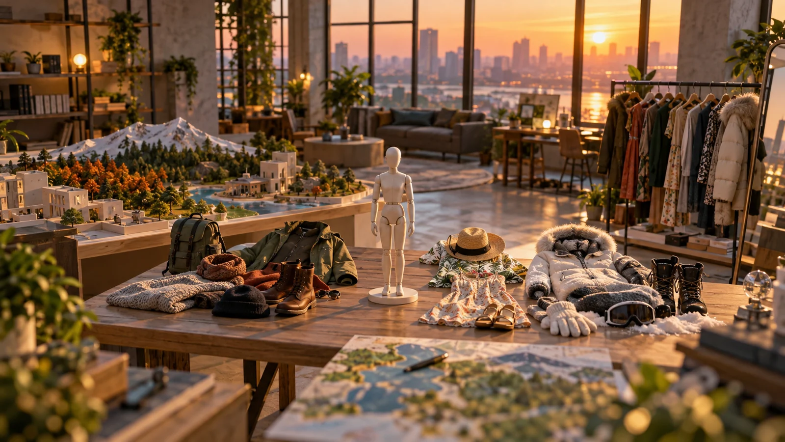 Artist mannequin beside seasonal wardrobes and an architectural world model in a sunset loft