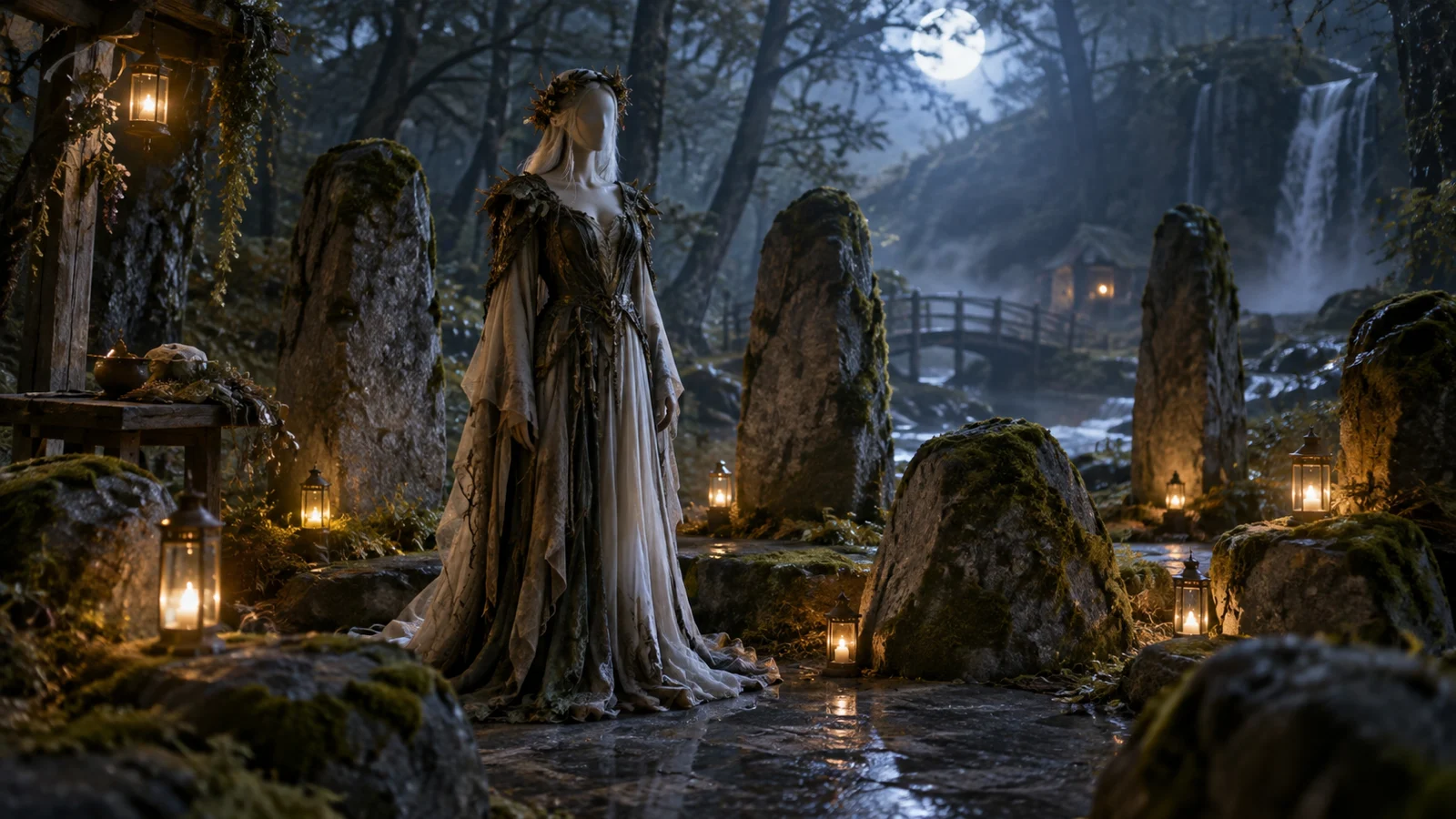 Faceless fantasy avatar mannequin among mossy stones and lanterns in a moonlit forest