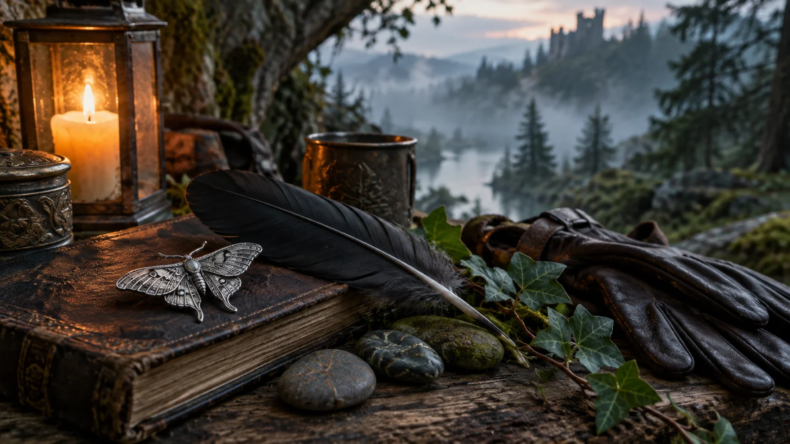 Moth brooch raven feather stones and gloves overlooking a misty fantasy valley