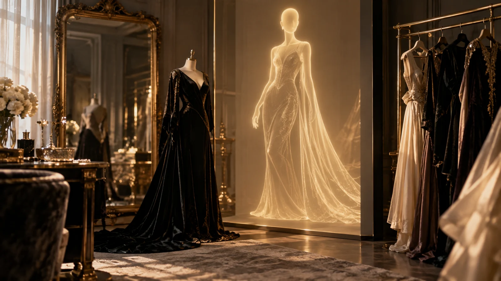 Golden faceless virtual mannequin projected in an elegant couture atelier
