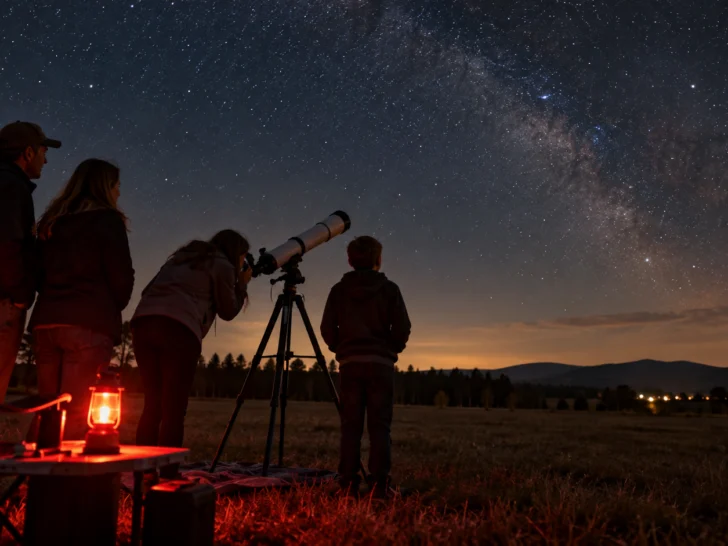 A family watches the night sky together from a grassy hillside.
