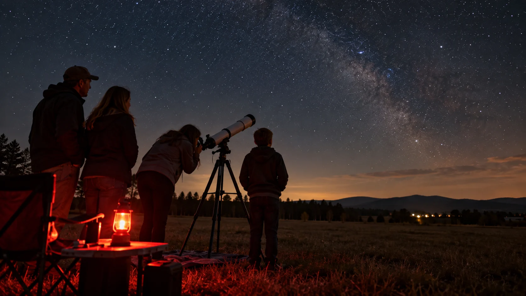 A family watches the night sky together from a grassy hillside.