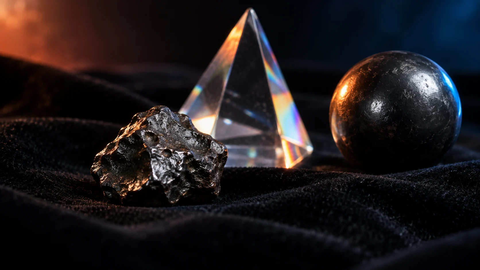 A dark meteorite and glass prism cast colorful light across a table.