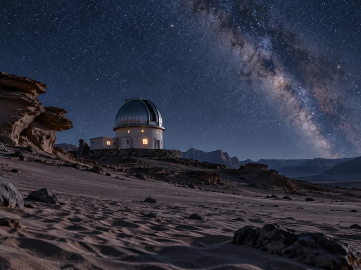 An original desert observatory beneath a vivid star-filled night sky.