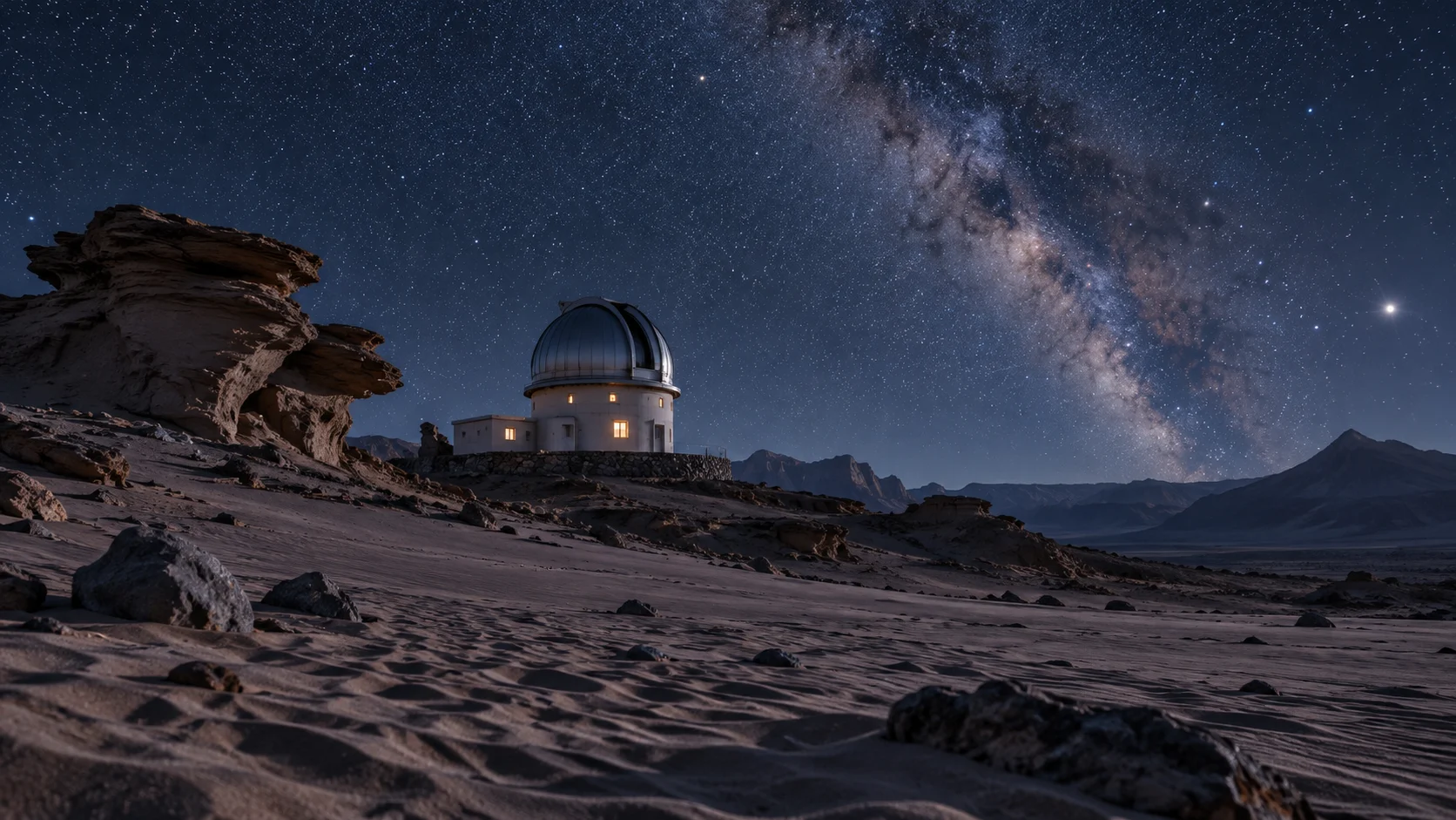 An original desert observatory beneath a vivid star-filled night sky.