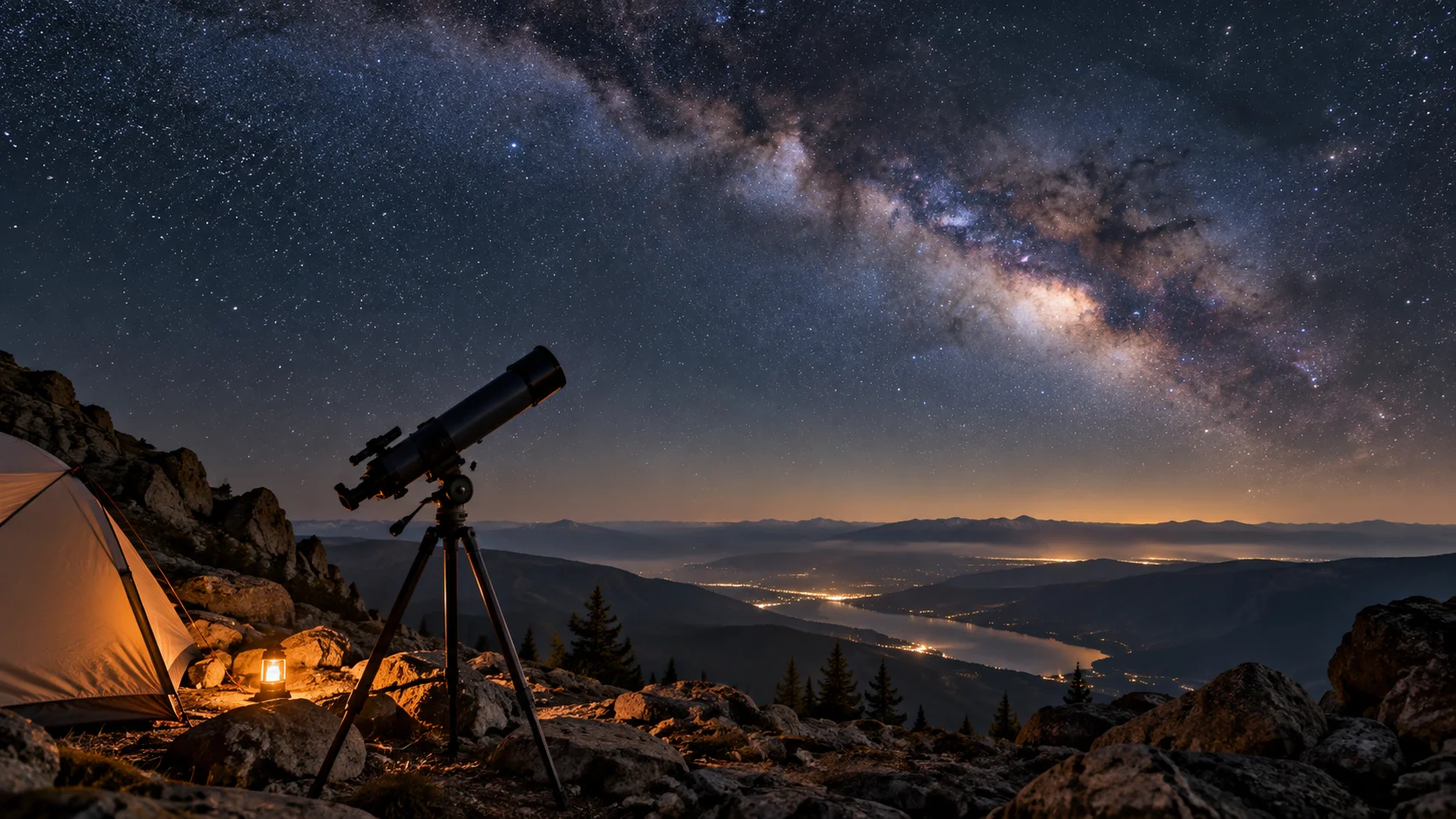 A remote mountain stargazing camp beneath the Milky Way.