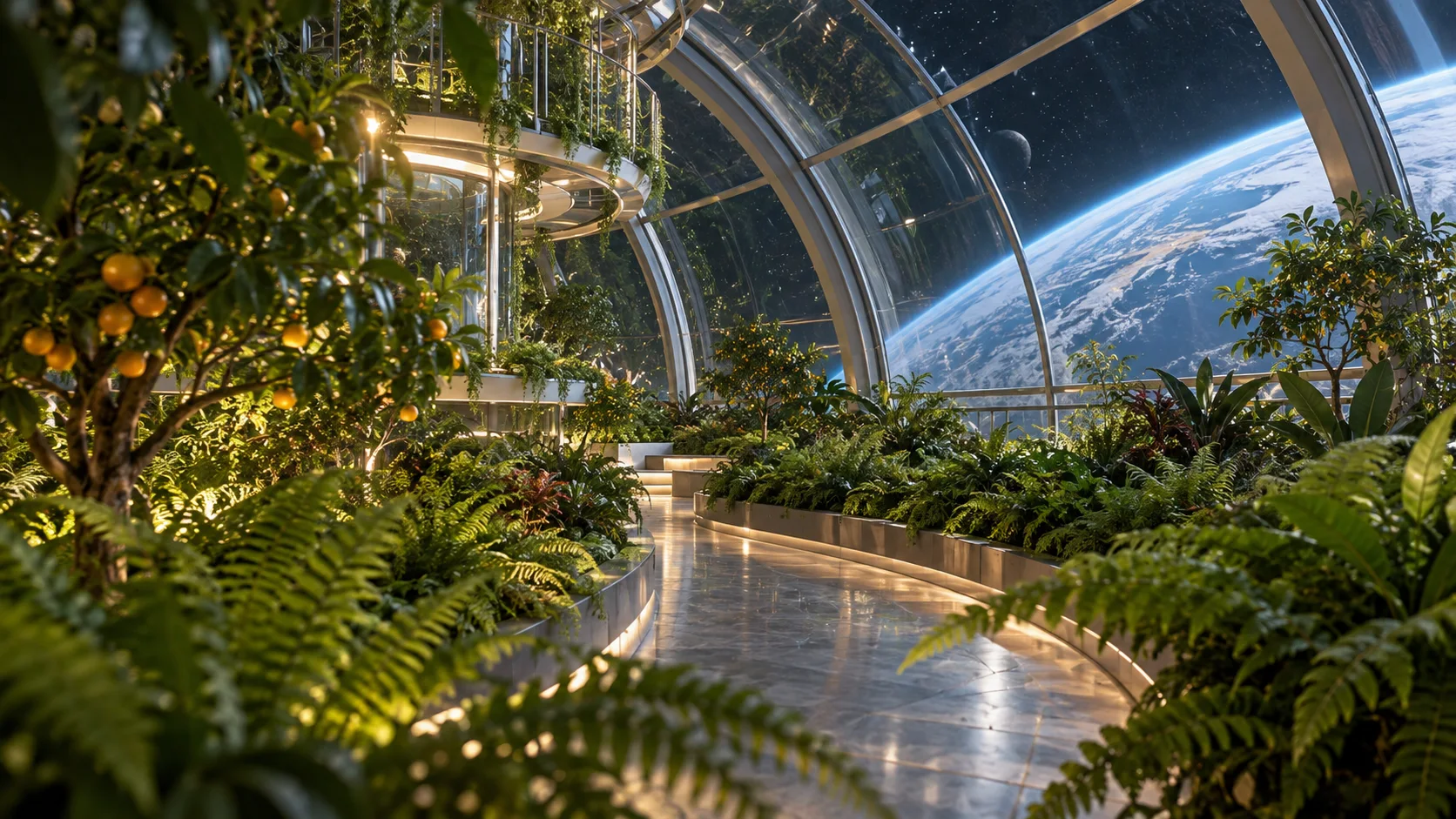 A lush original orbital greenhouse overlooking a distant planet.
