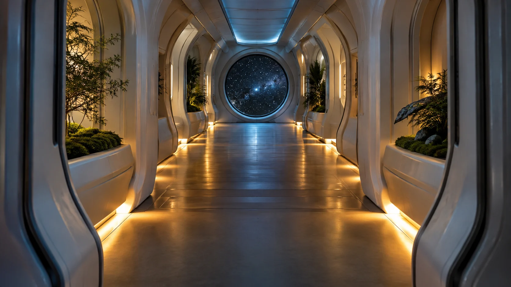 A sleek original research vessel corridor lit by cool blue lights.