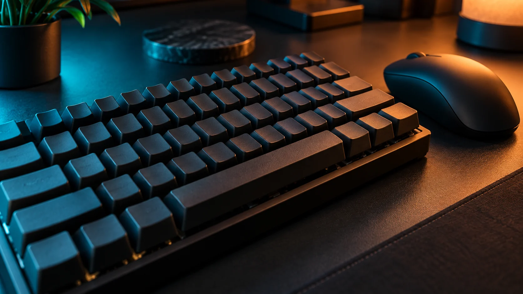 Blank keyboard and mouse under colorful light