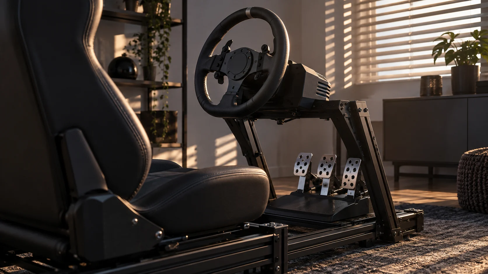 Unbranded racing simulator in a dark room