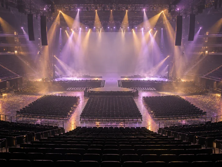 An empty pastel-lit concert stage viewed from the seats of a large arena.