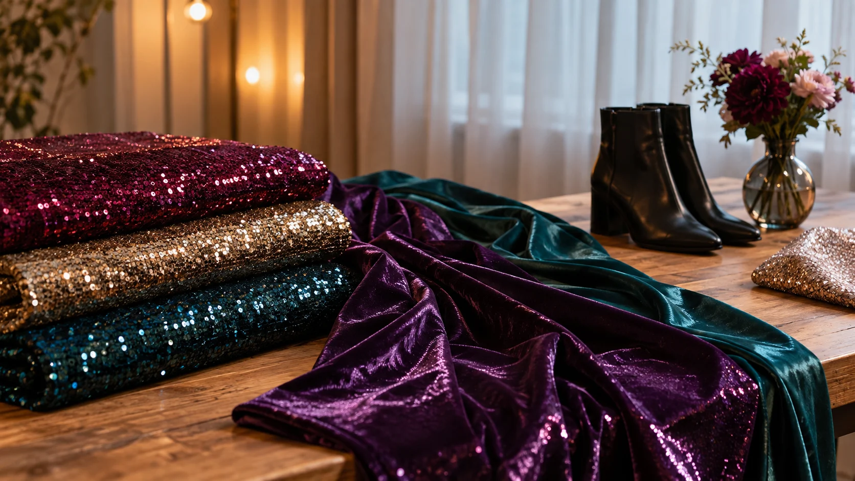 Jewel-tone fabrics and sequined textiles arranged in a fashion studio.
