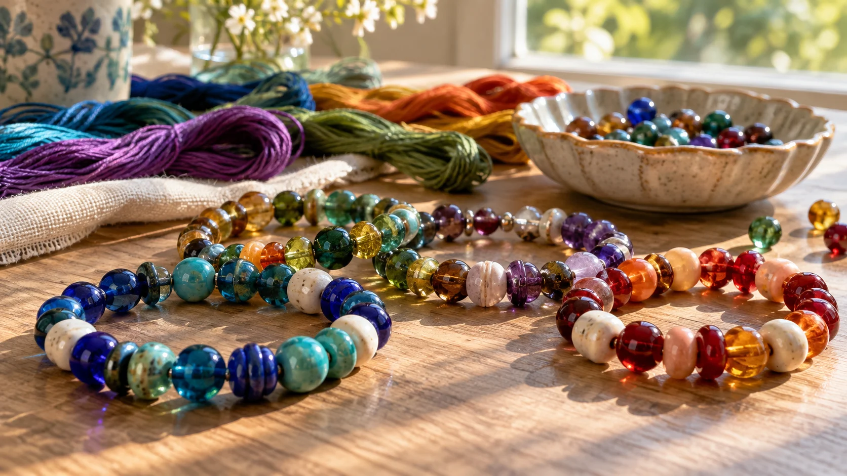 Colorful handmade bead bracelets arranged on a wooden table in soft daylight.