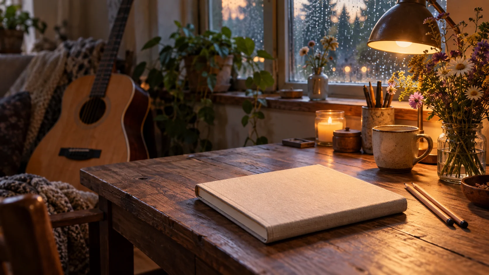 A sunlit songwriting desk with an acoustic guitar, blank notebook, headphones, and dried flowers.