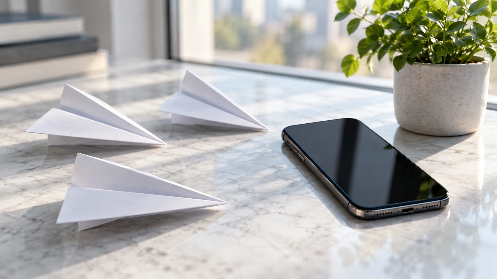 Three white paper airplanes sit beside a blank black phone and a potted plant.