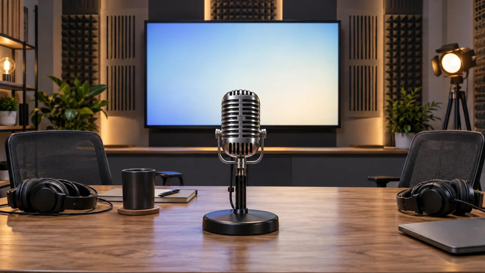 A classic microphone stands between headphones and a blank studio screen.