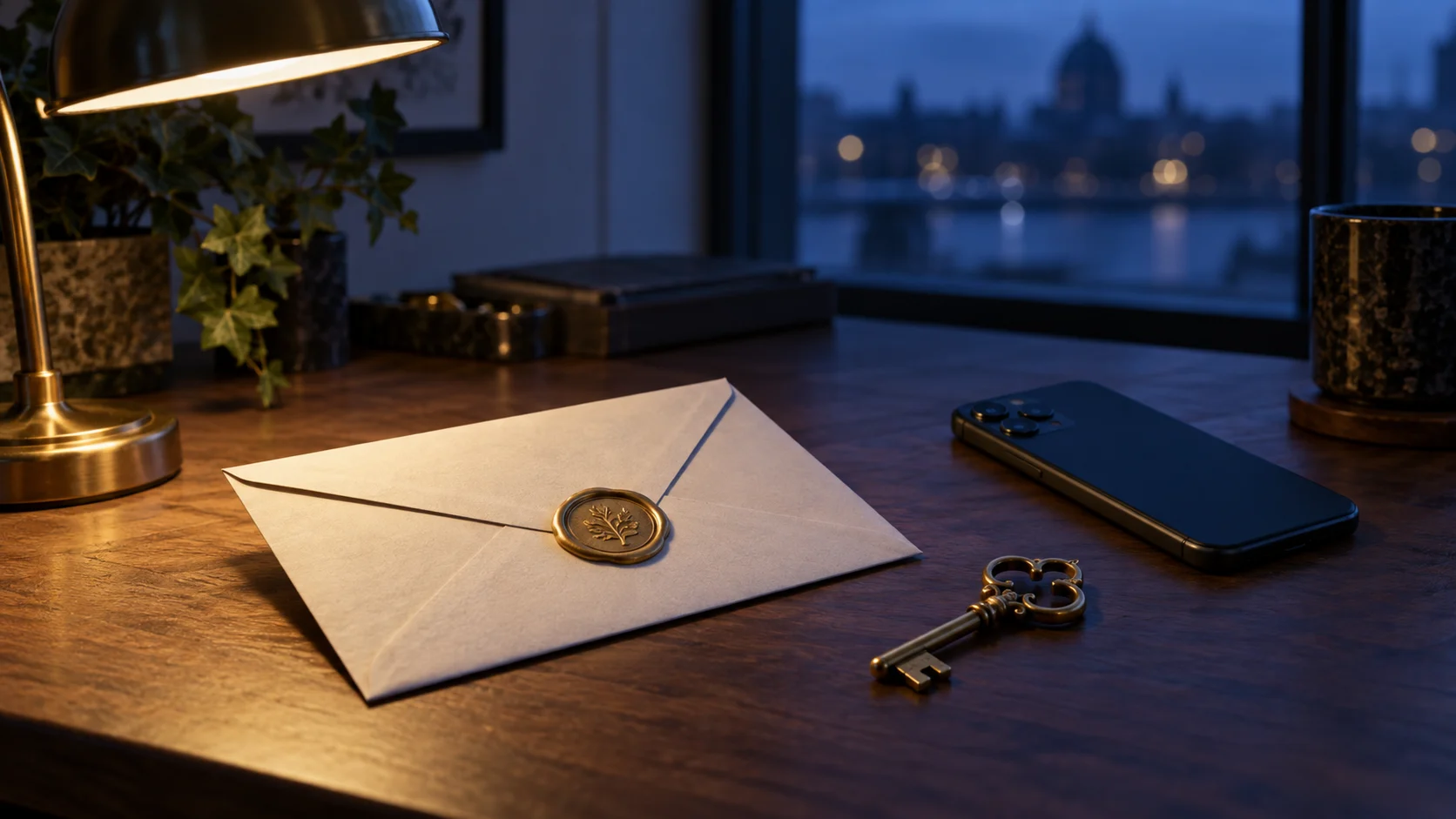 A sealed envelope, brass key, and face-down phone rest under a desk lamp.