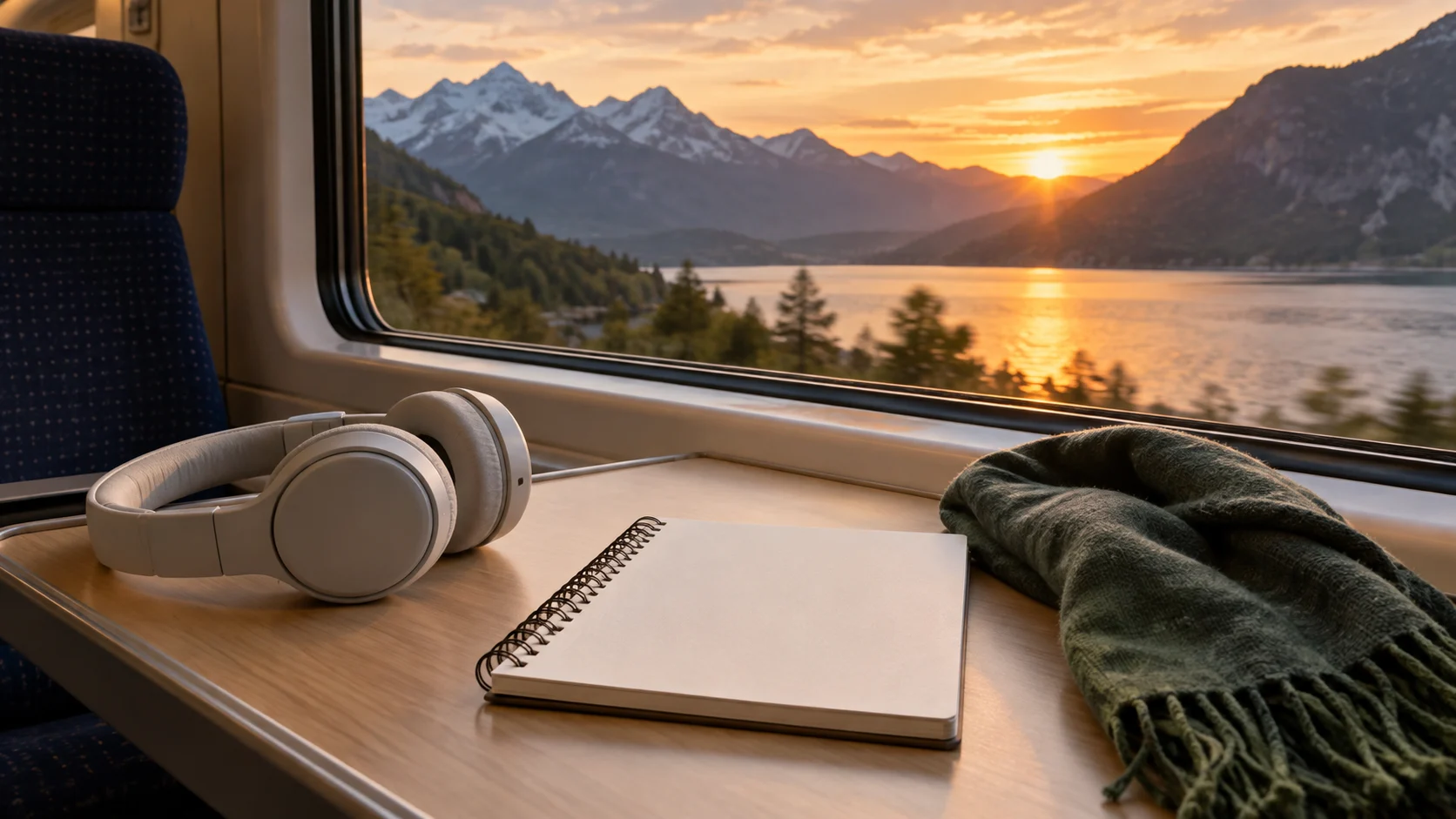 A blank notebook, plain headphones, and scarf sit beside a train window at sunset.