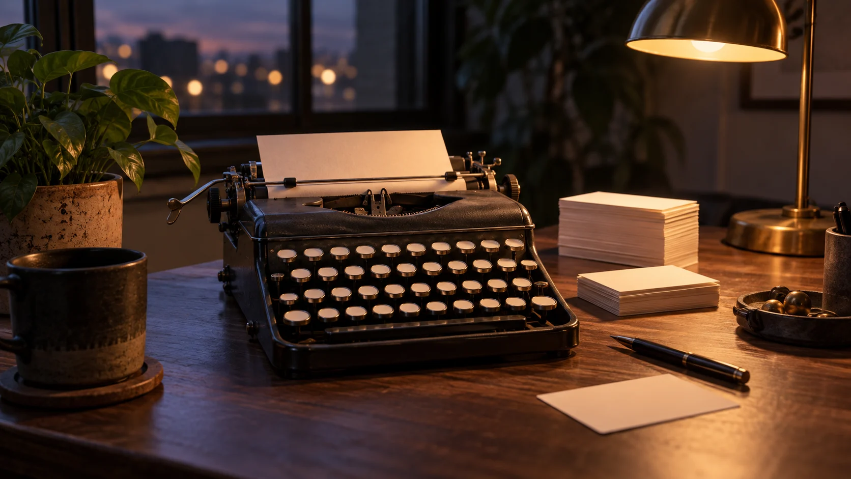 A vintage typewriter with blank keys sits beside stacks of blank cards at night.