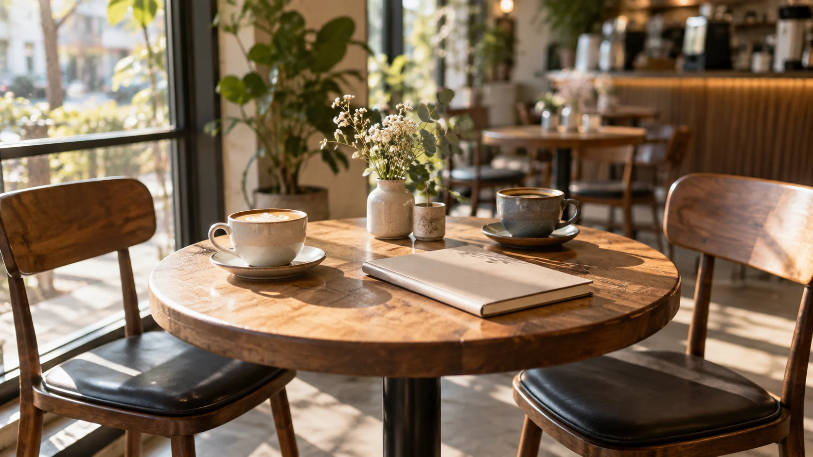 Two cups and a blank closed notebook wait at a sunny caf&eacute; table.