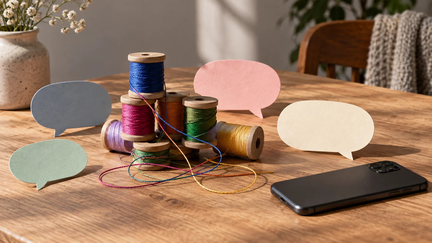 Colorful thread spools connect among blank conversation cards and a face-down phone.