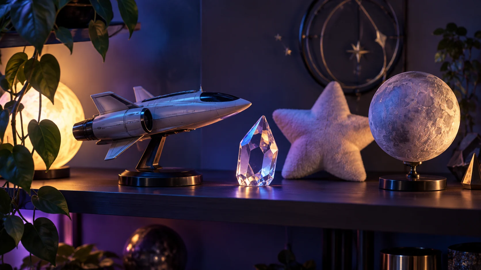 An original model spacecraft, crystal, plush star, and moon globe glow on a cosmic shelf.