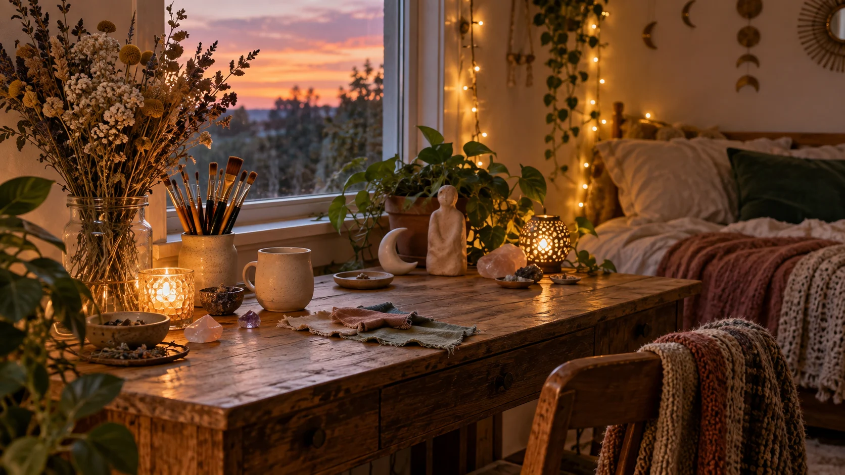 Dried flowers, art brushes, crystals, fabric, and warm lights fill an eclectic bedroom desk.