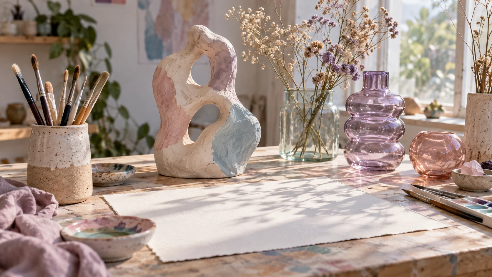 An abstract clay sculpture and pastel glass vessels surround blank watercolor paper.