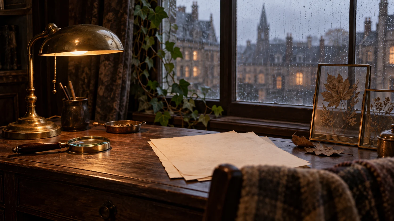 Blank parchment, pressed leaves, and a brass lamp create a rainy dark-academia desk.