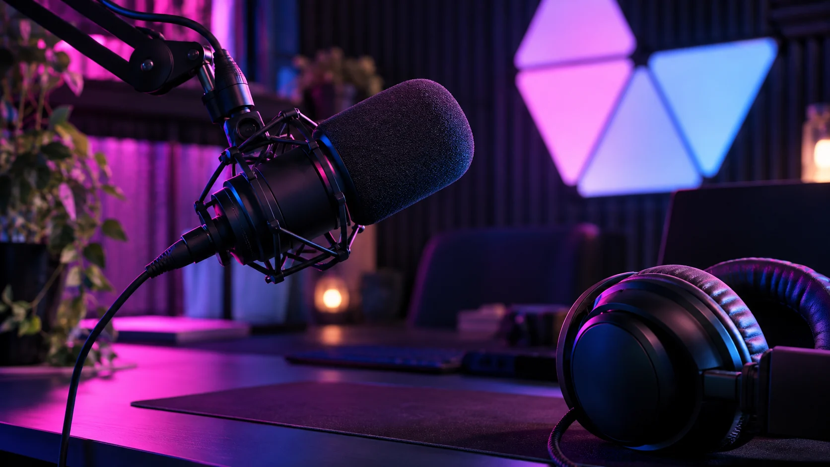 A broadcast microphone and headphones glow under magenta and blue studio lights.