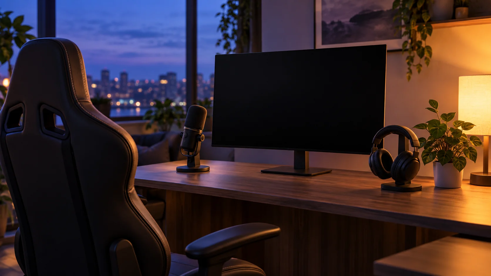 An empty streaming nook pairs a blank monitor with a microphone and headphones at twilight.