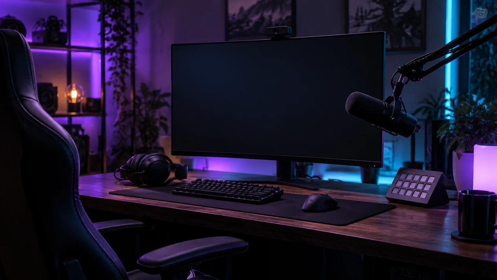A blank monitor, microphone, headphones, and control pad fill a colorful streaming desk.