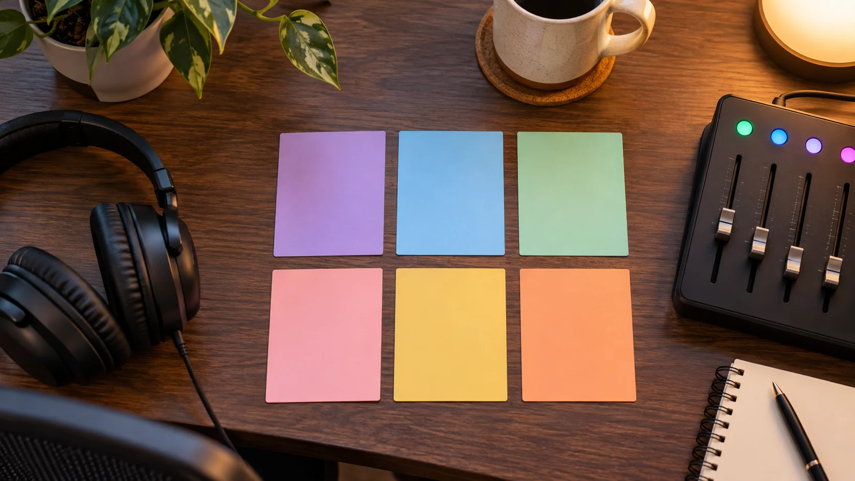 Blank colored planning cards sit between headphones and an unlabeled audio mixer.