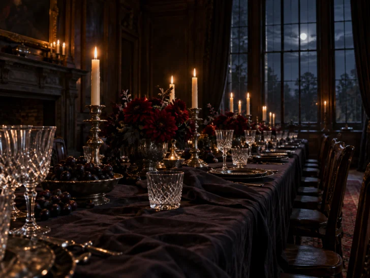 A candlelit formal dining table glows inside a dark historic room.