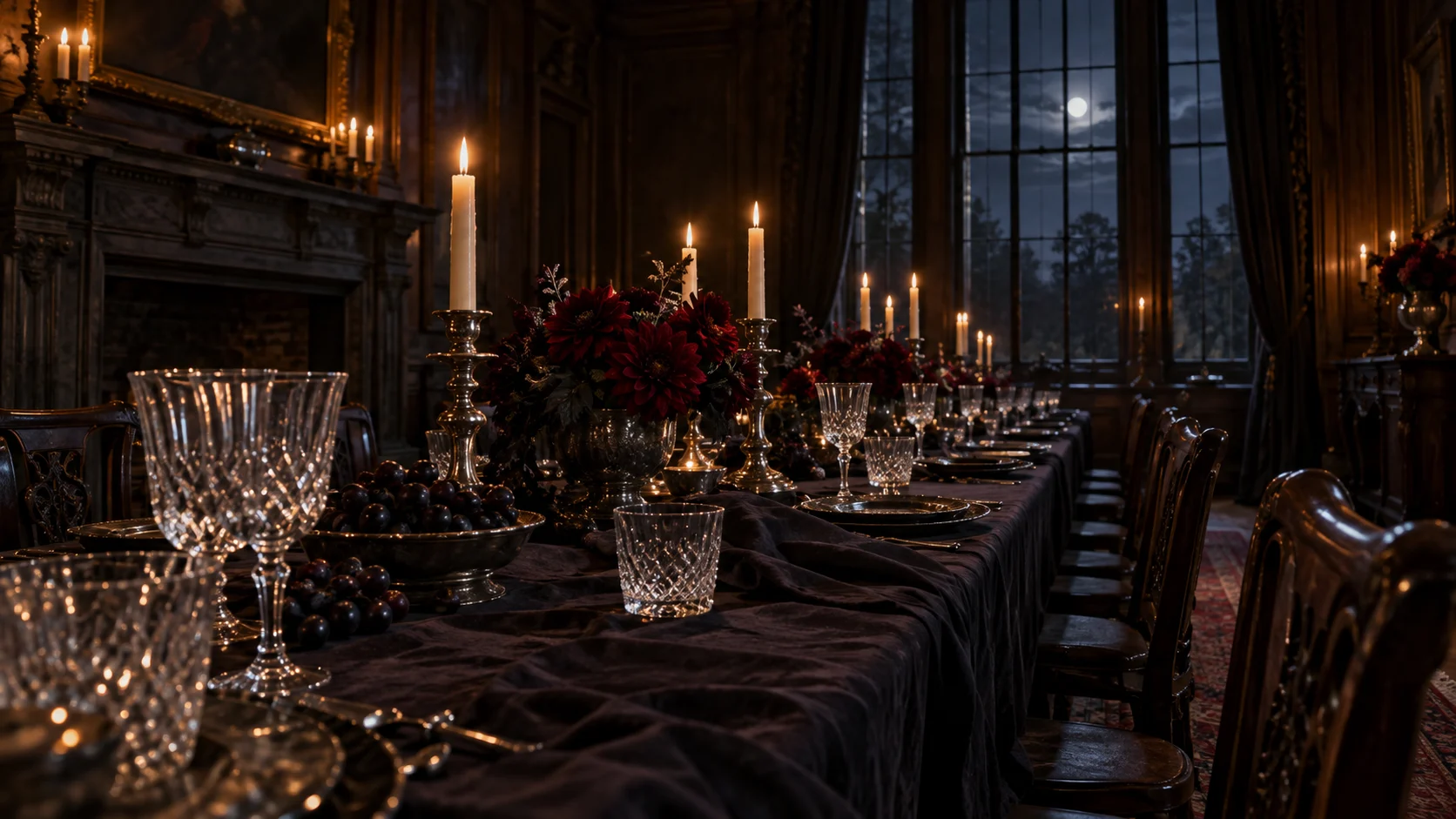 A candlelit formal dining table glows inside a dark historic room.