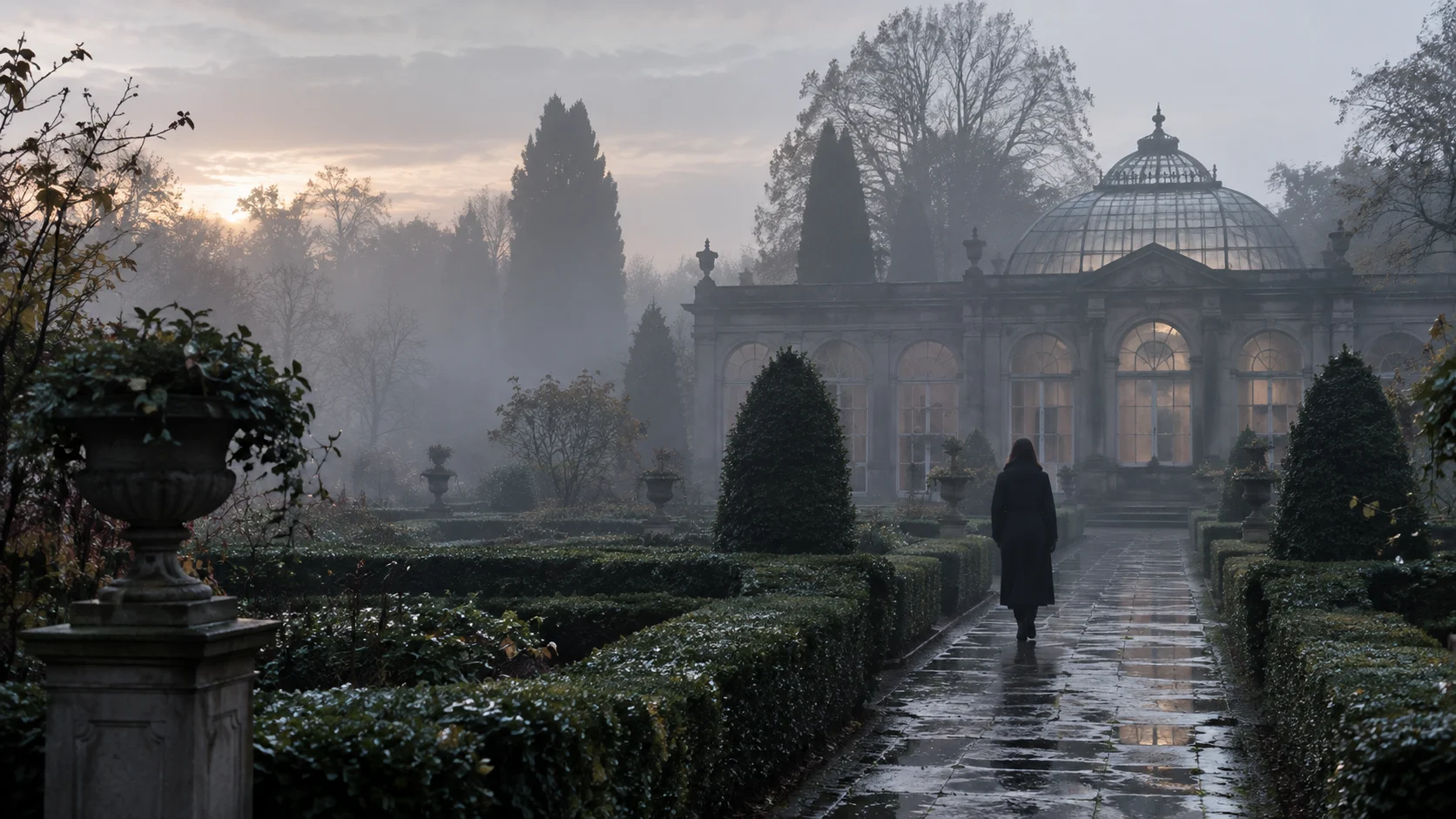 An empty stone walkway leads to a glass conservatory through evening fog.