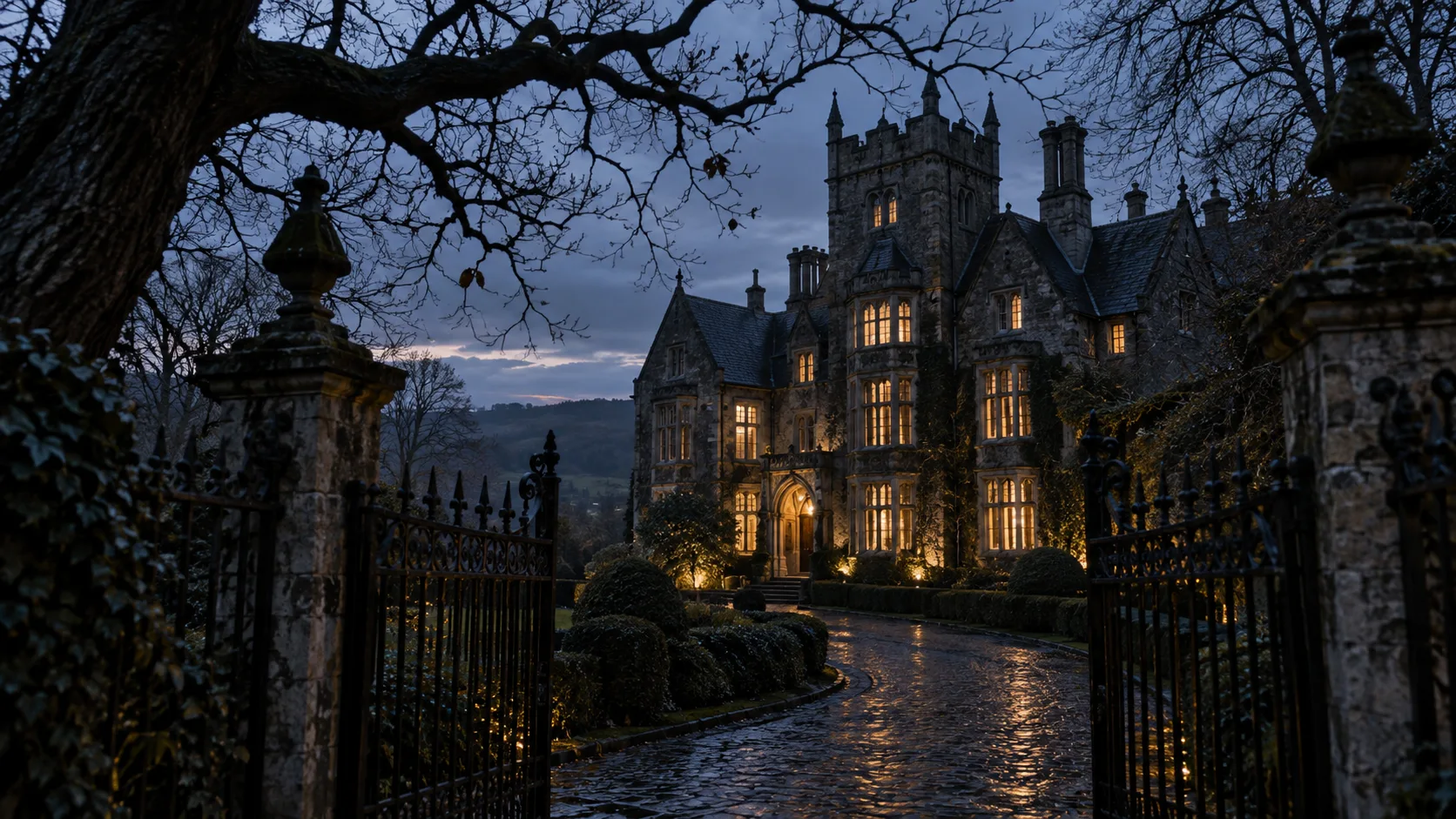 A weathered Gothic manor stands beneath a deep blue evening sky.