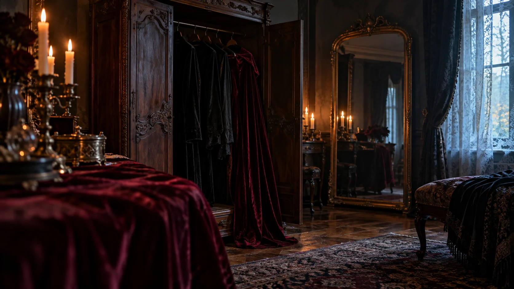 Crimson velvet and antique mirrors fill an atmospheric dressing room.