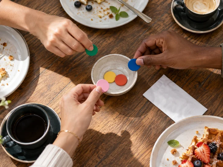 Anonymous friends placing colorful blank tokens in a dish at brunch