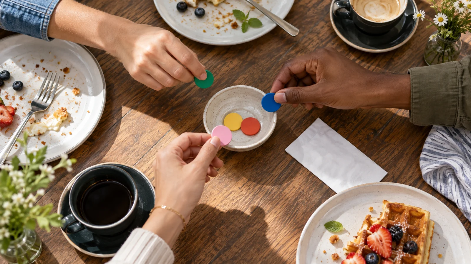 Anonymous friends placing colorful blank tokens in a dish at brunch