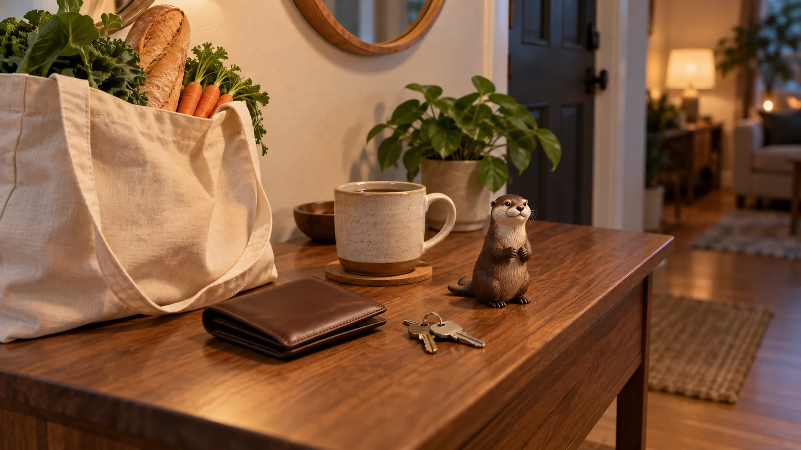 Plain wallet keys grocery bag coffee and an otter figurine on an entry table