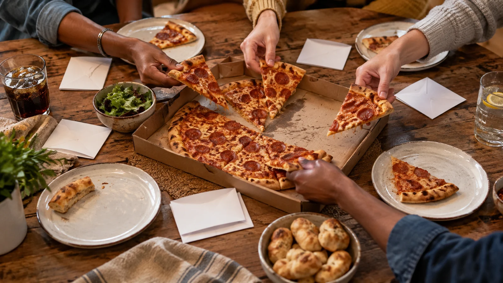Friends sharing pizza around several completely blank envelopes