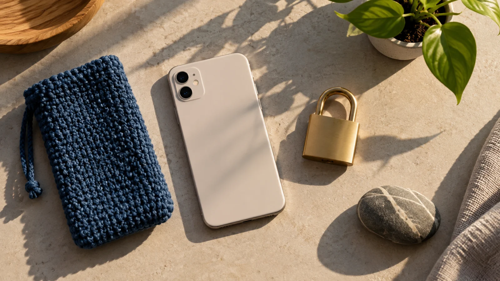 Blank generic phone blue knitted pouch brass lock and pebble in afternoon light