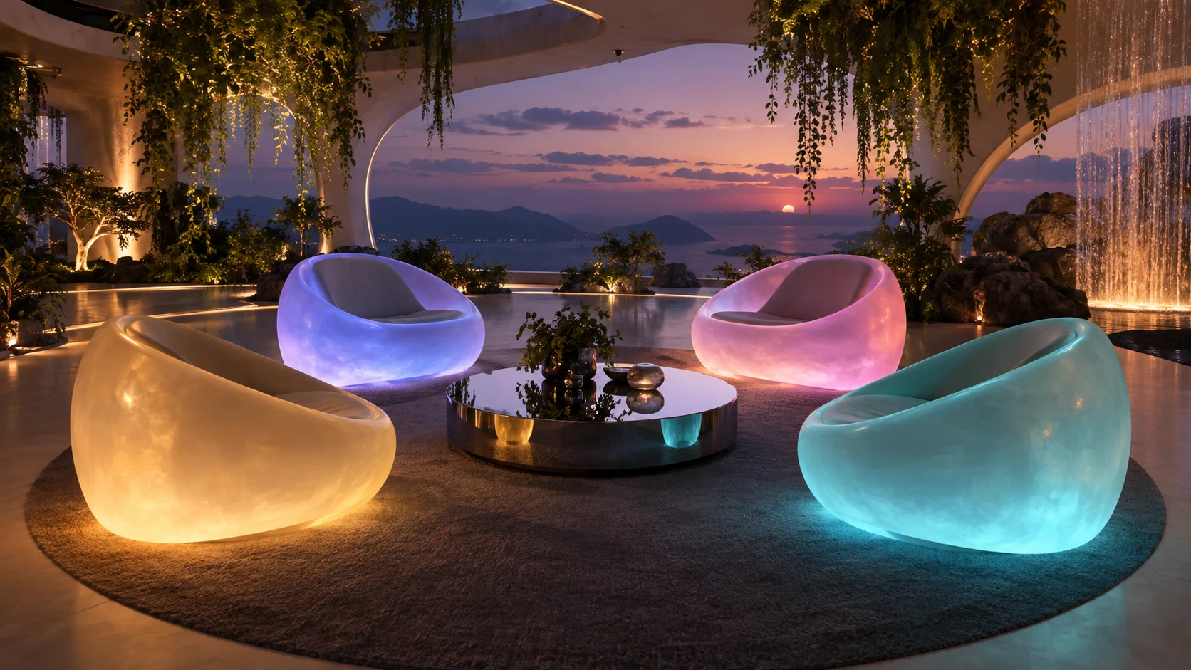Four glowing seats in a virtual-style lounge